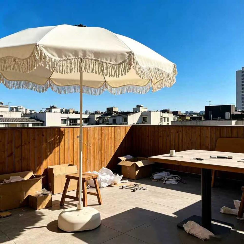 Sombrilla de Patio Boho de 180 cm con Flecos, Sombrilla de Playa Portátil para Mesa, Jardín la Piscina,Impermeable y con Protección UV