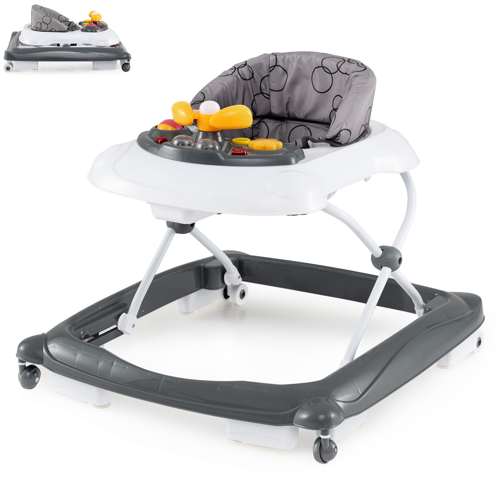 4 in 1 Baby Walker, Foldable Infant Activity Center with 3 Adjustable Heights, Removable Lights and Music Tray & Padded Seat Cushion, Toddler Push Along Walker for 6-14 Months (Gray)