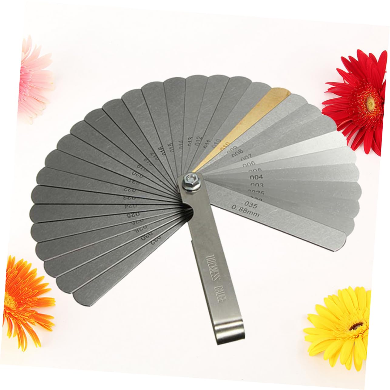 32 Piece Dual Marked Brass Feeler Gauge Set for Valve Adjustment | Metric and Sae Sizes, Polished Hardened Blades, Portable Foldable Layout, Silver Finish for Professional Use