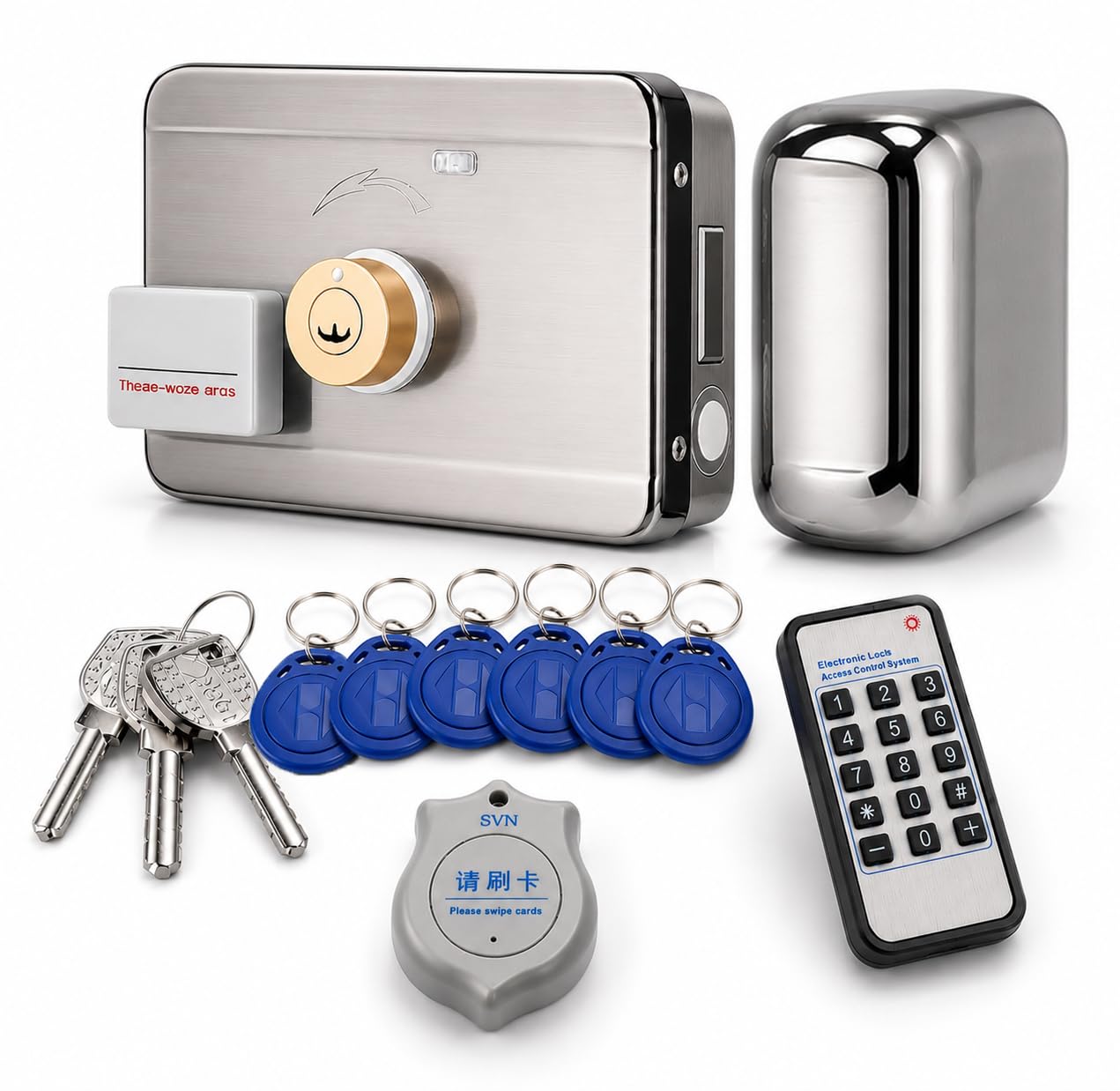 Electric Latch Door Lock | Keyless Entry Stainless Steel Deadbolt with ID Keyfob, Swipe Card and Backup Keys, Intercom, Secure Electronic Rim Lock for Wooden/Iron Gates, Offices & Homes, Silver