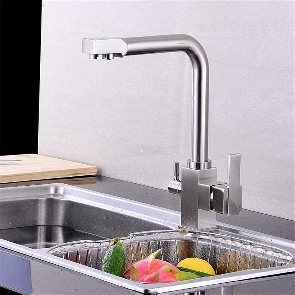 BHFPFZA Brushed el Kitchen Faucet - 360° Swivel Drinking Water Filter Tap Dual Handle Deck-Mounted Mixer 3-Way Filtrat System for Kitchen Sink