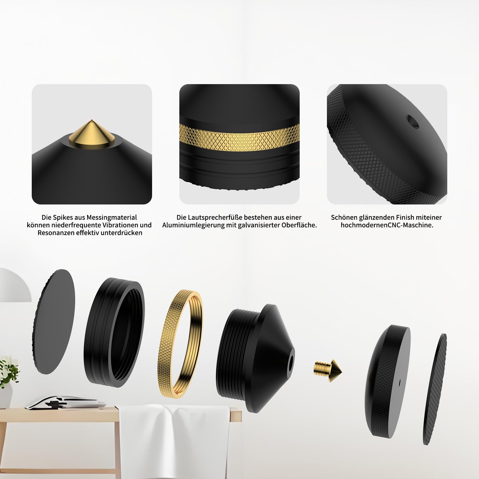 Tertullus 4 punte per altoparlante HiFi 39 x 33 mm, cuscinetti isolanti in alluminio, per amplificatori, giradischi, dispositivi DAC – nero
