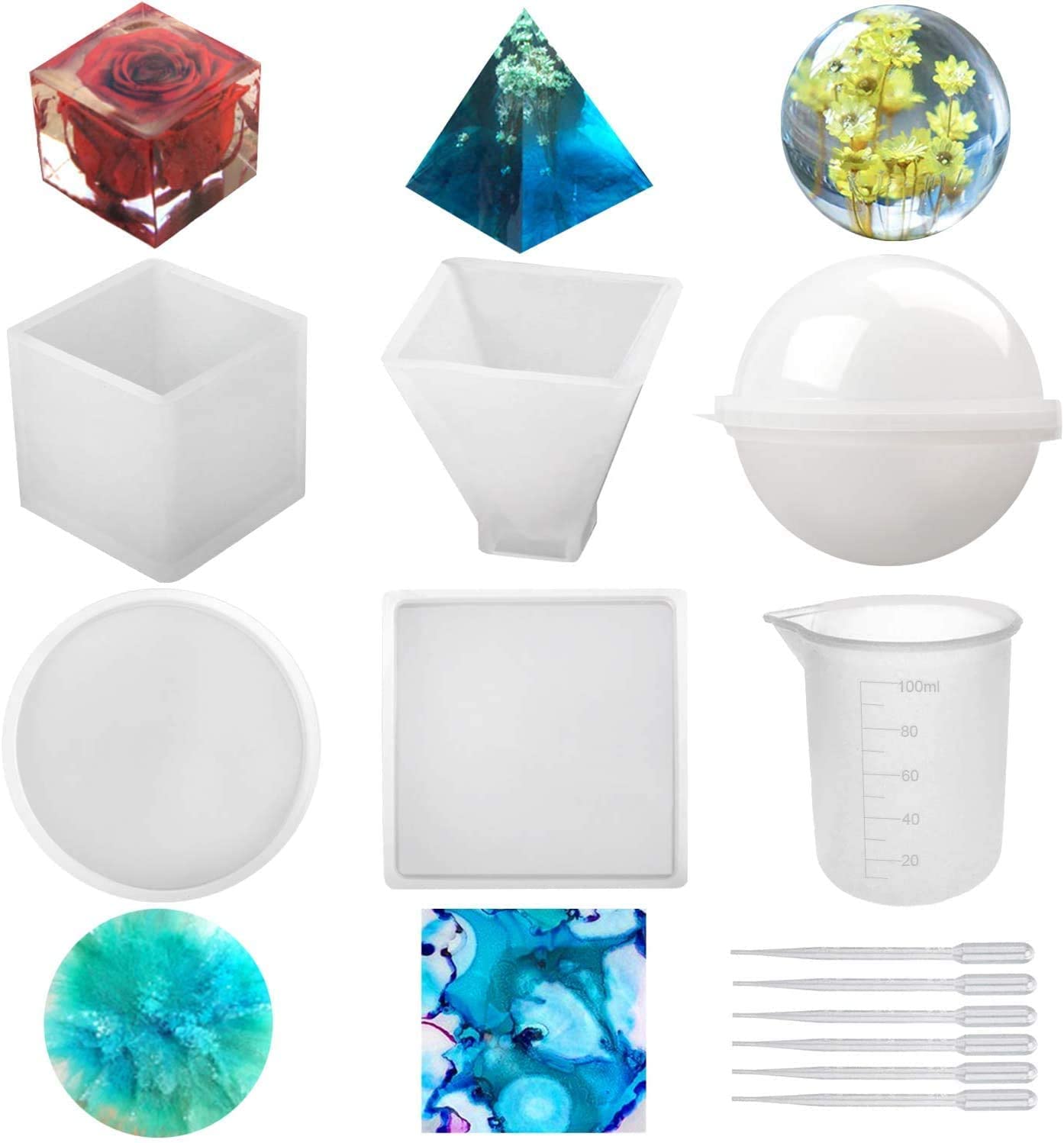 Jubilant Silicone Resin Molds 5Pcs Resin Casting Molds Including Sphere, Cube, Pyramid, Square, Round with 1 Measuring Cup & 5 Plastic Transfer Pipettes for Resin Epoxy, Candle Wax, Soap, Bowl Mat etc