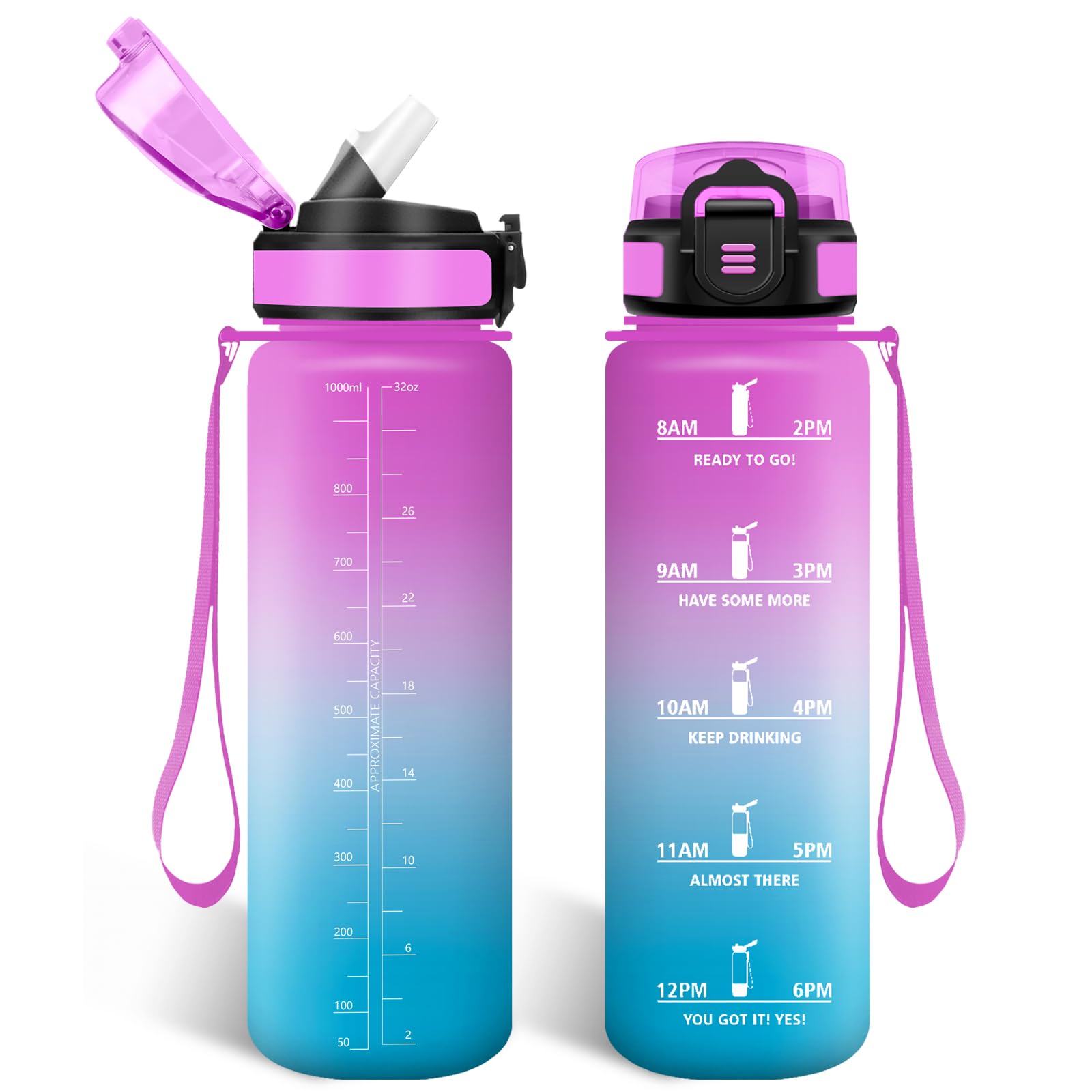HoneyHolly Botella Agua 1 Litro, Libre de BPA & Prueba de Fugas, Botella de Agua, con Pajita, Water Bottle, con Marcador de Tiempo, Cantimplora para Sport, Bicicleta, Gimnasio, Escuela