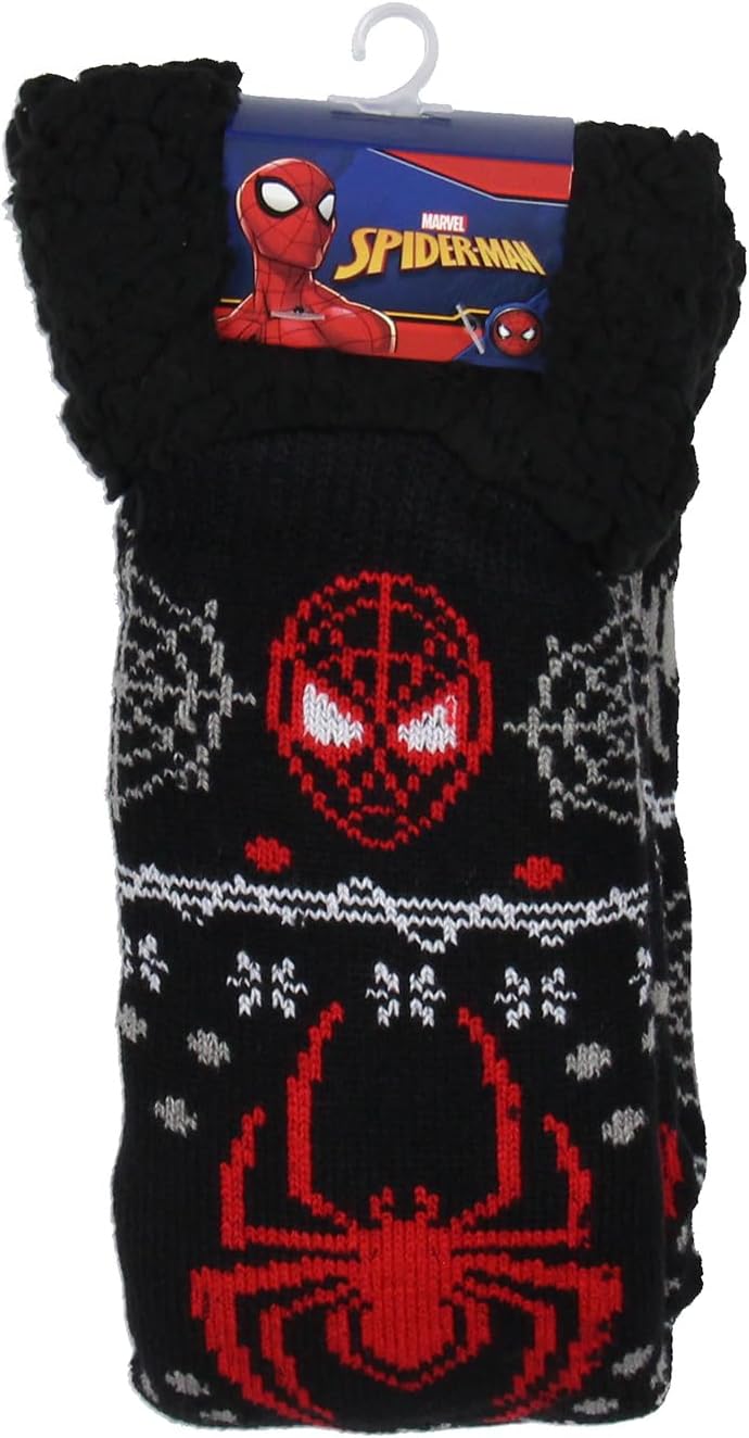 Hyp Marvel Comics Spider-Man Men's Ugly Christmas Sweater Knit Miles Morales Faux Shearling Lined Thick Fuzzy Slipper Socks
