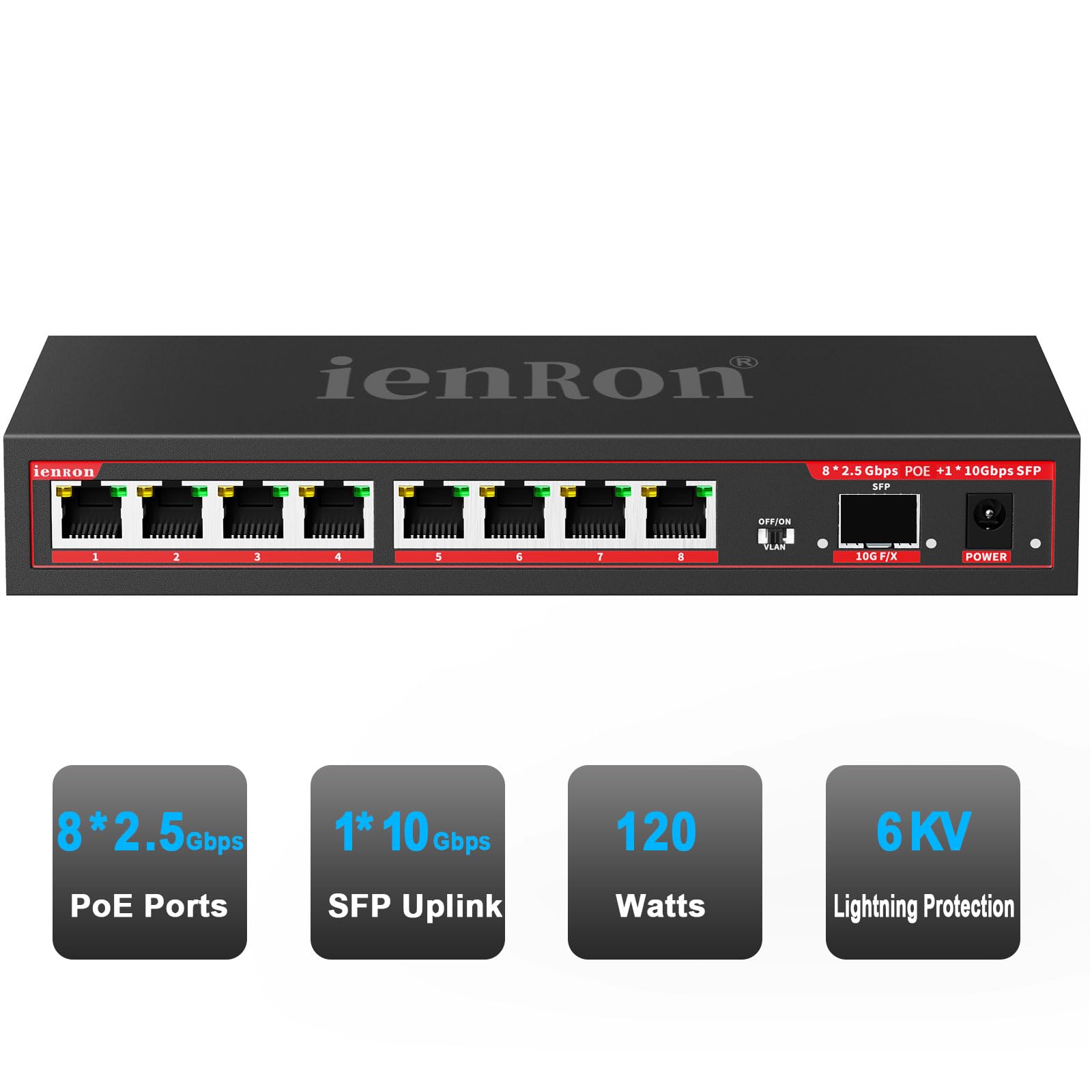 Switch PoE a 8 porte da 2,5 GB con Uplink SFP+ da 10 Gb | 15 W per porta, budget totale 120 W, IEEE802.3af | Supporto VLAN | Alloggiamento in metallo senza ventole | Plug & Play | Montabile a parete |