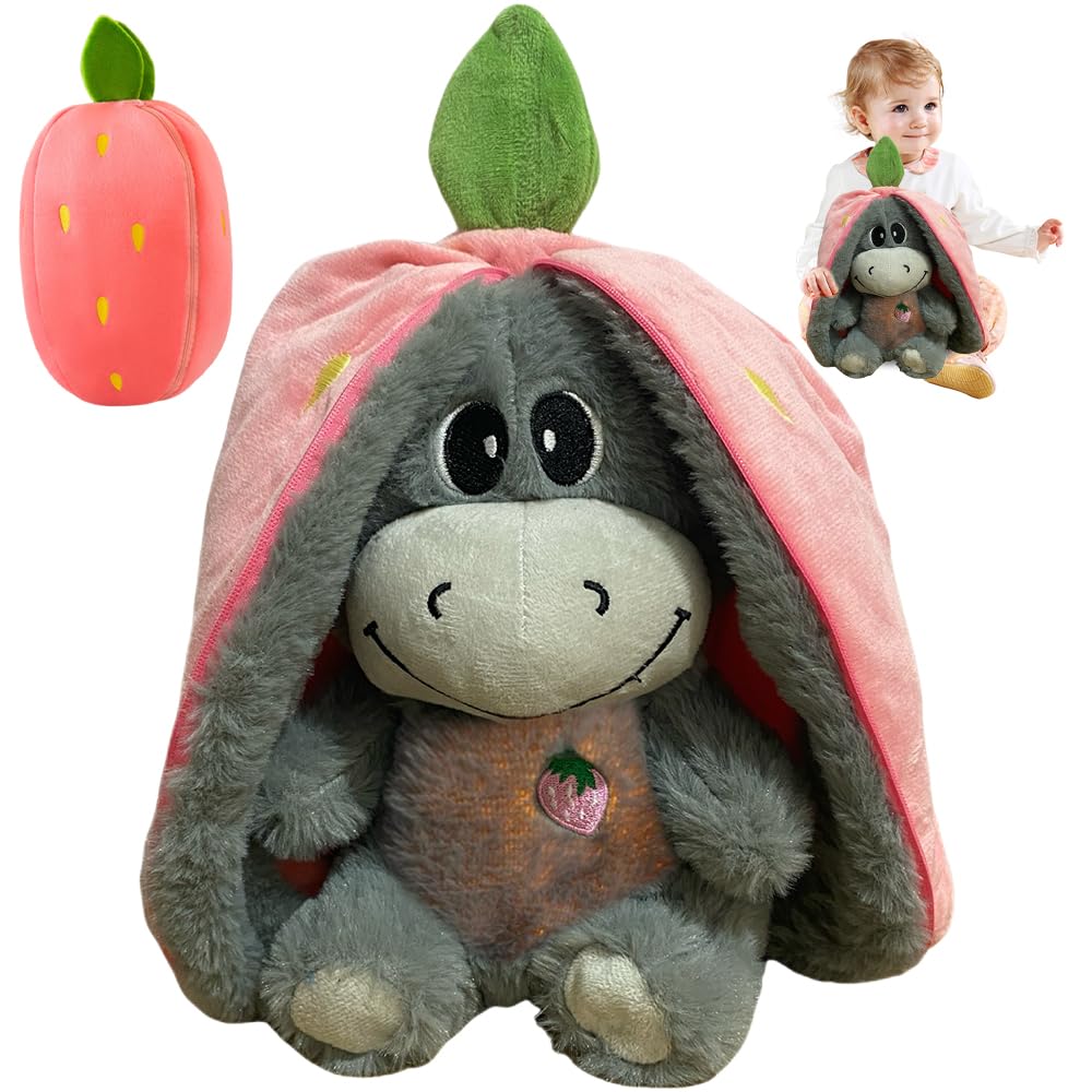KUWUNG Atmendes Kuscheltier Esel, 32cm Herzschlag Plüsch Esel mit Atmung, Musik und Lichtern, Weiches Erdbeer Avocado Plüschtier Puppe, Kuscheltier Atmet Esels zum Linderung Angstzuständen (Rosa)