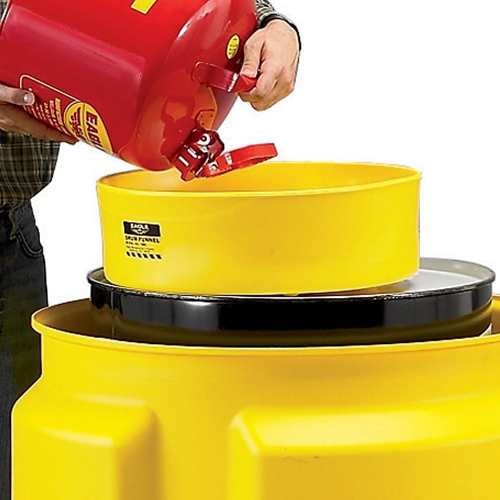 Eagle 1660 Drum Funnel – 18" Diameter, Yellow HDPE, Fits 30 & 55 Gallon Drums, 6" Side Walls to Reduce Splashing, Spout Fits 2" NPT Bung, Durable & Chemical-Resistant – Made in the USA