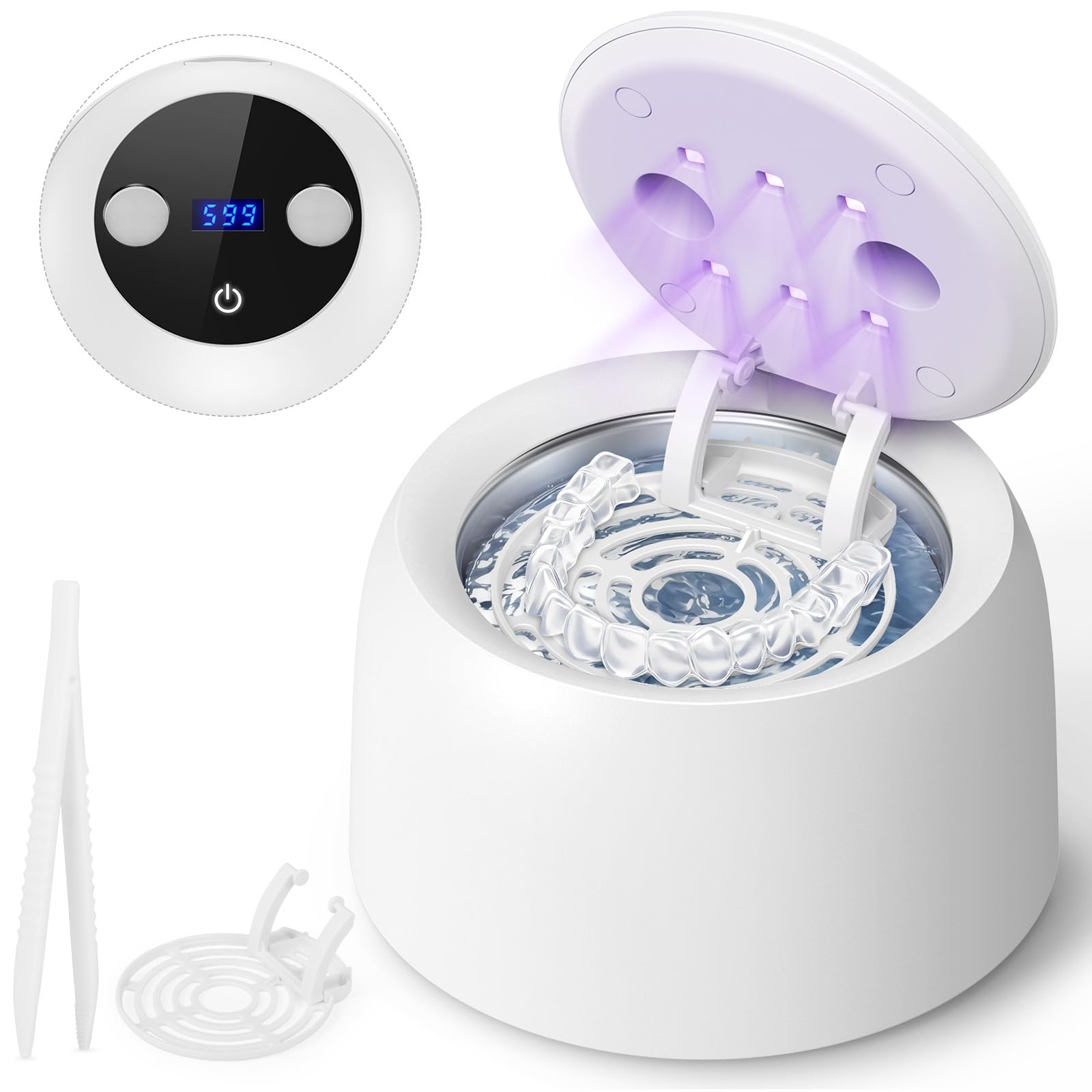 Limpiador ultrasónico de retención, 45 ± 3 kHz, 3 modos con temporizador digital, lámpara UVC+UVA, máquina limpiadora de prótesis, protector bucal, tanque IPX6.200ML SUS304 para alineador, cepillo
