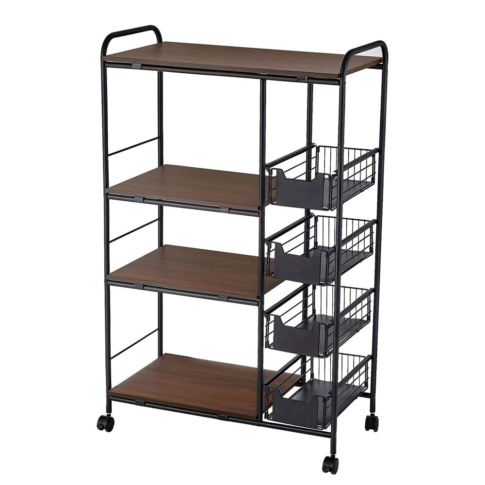 douself Kitchen Cart Kitchen Rack Multi-layer Storage Stand with 4 Slide-Out Mesh Baskets Wheel Trolley Household Multi-function Vintage Utility Shelf for Spices Pots Microwave