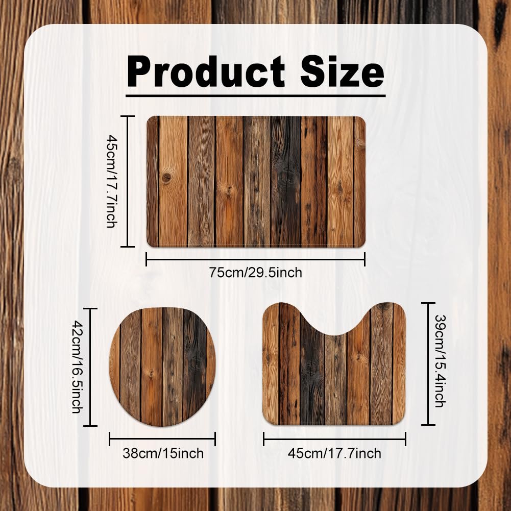 Set di 3 tappeti da bagno rustici, decorazione rustica, antiscivolo, con tappeto a forma di U e copriwater lavabile, per il bagno, arancione-marrone