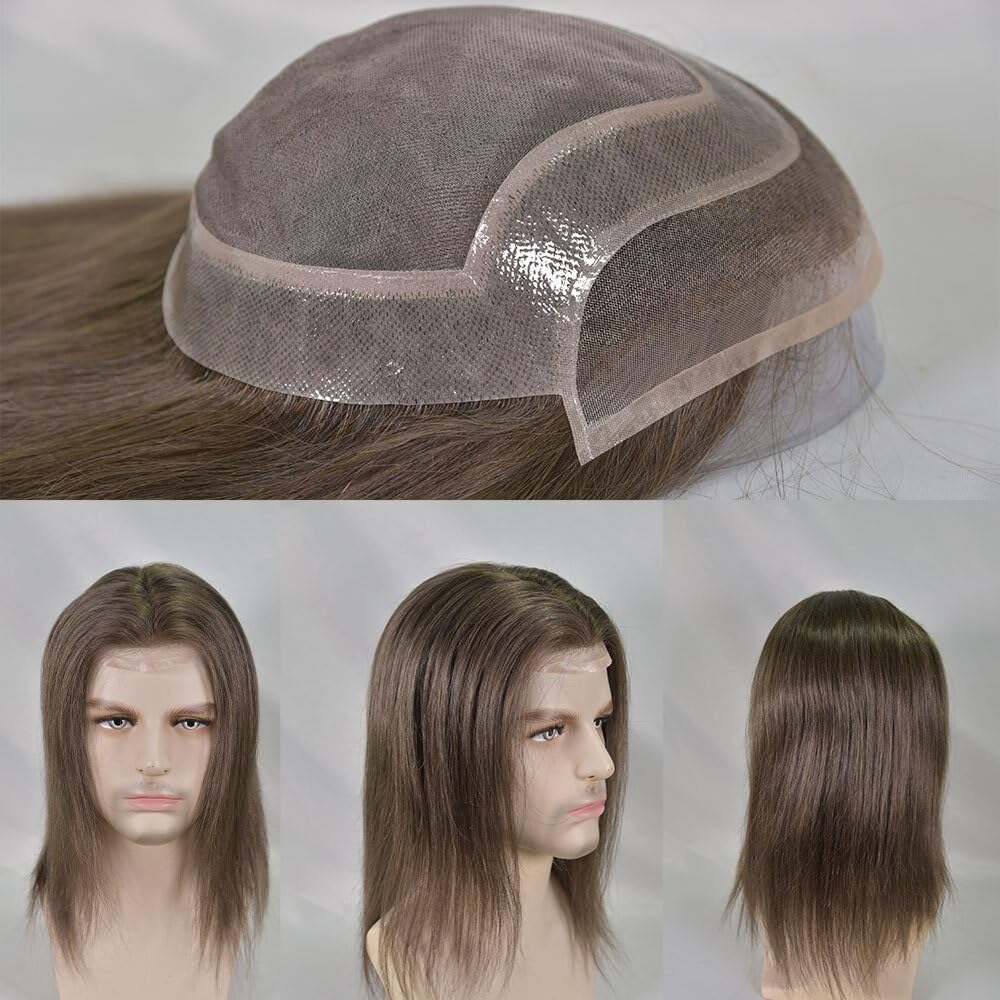 Tupecik męski Swiss Lace Front Men Toupee 8"x10" Mono PU Hairpiece 12" Long Human Hair System Units Treski(#4 Color)