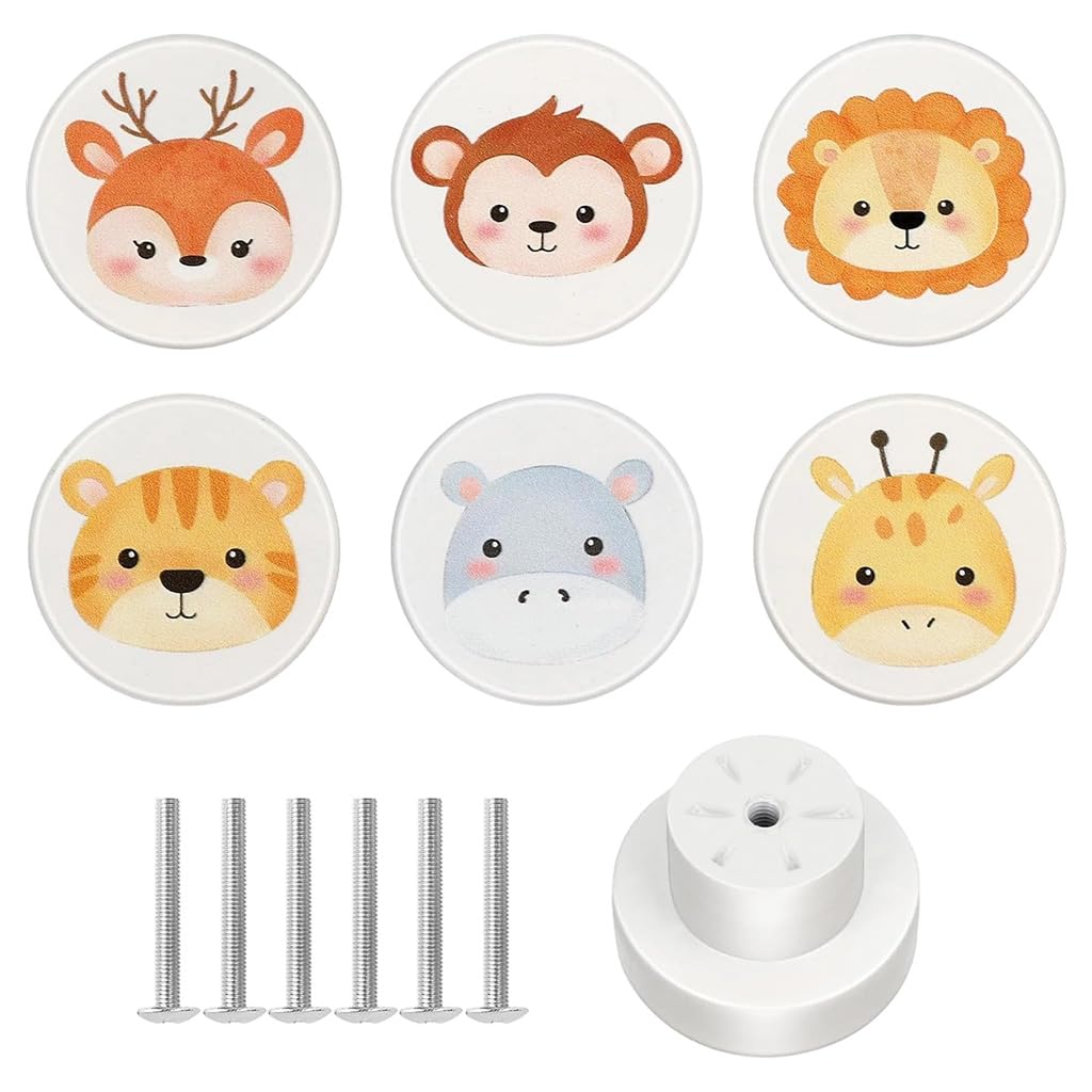 HASTHIP® 6Pcs Cartoon Wooden Drawer Knobs, 35mm Round Cabinet Pull Handles, Cute Animal Furniture Handles for Kids Room Dresser, Wardrobe, Cupboard & Drawer Decor-image-4