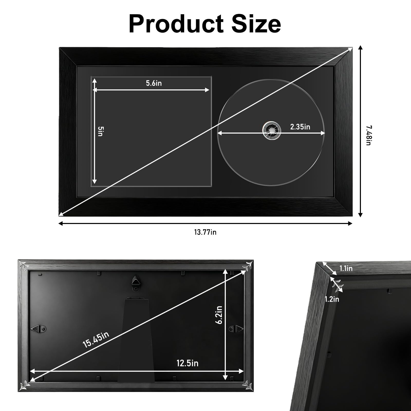 GBKDQQ Cornice per display CD, Display Disc, CD Box vetro autentico e copertina dell'album con formatura in legno per display da parete e da tavolo (nero)