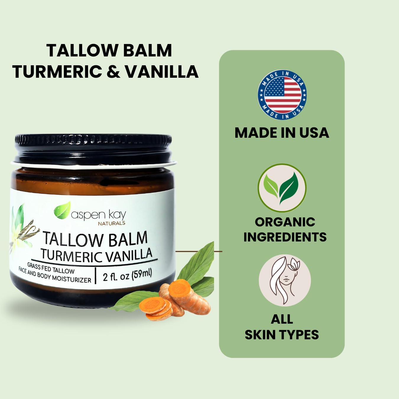 Aspen Kay Naturals Handmade 100% Grass Fed Beef Tallow Balm for Skin Care, Organic Turmeric Moisturizer + Vitamin C (Turmeric Vanilla) Organic Body Butter - 2 fl. oz. Made in USA - Image 2