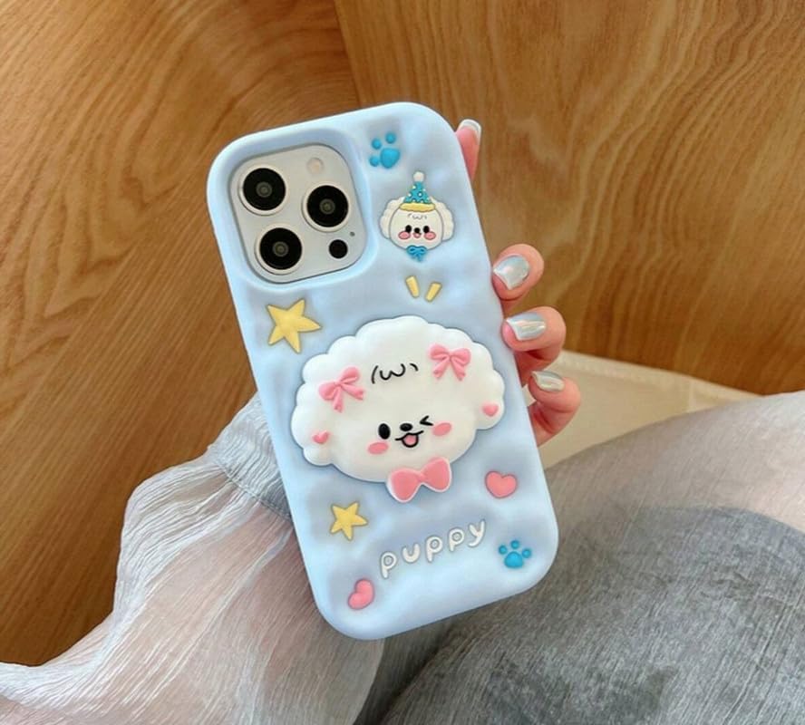 Image of COVERLY for iPhone 14 Plus 3D Puppy Knot Cartoon Pop Case,Premium Silicone Case Dog Love Light Blue Color with Phone Holder Cool Full Protective Cute Kawaii Aesthetic Cover for Apple iPhone 14 Plus