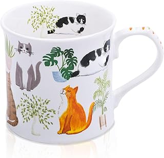 Cute Cats & Plants Coffee Mug - 12 oz Fine New Bone China Coffee Tea Cup with Kitten Design, Cat Mom Gifts for Women, Holiday Gift for Cat Lovers & Friends, Designed in England by Harvest Green Studio