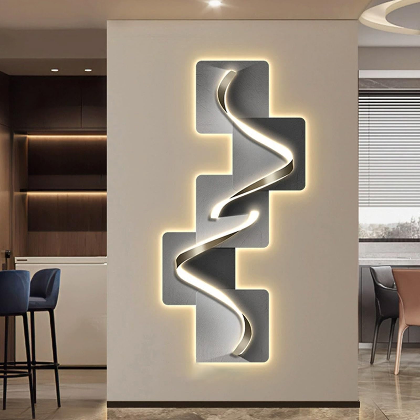 Arte de pared creativo 3D moderno, esculturas iluminadas con LED para habitación, decoración grande para colgar en la pared, para dormitorio, sala de estar, pasillo, entrada(Silver A,70*135cm)