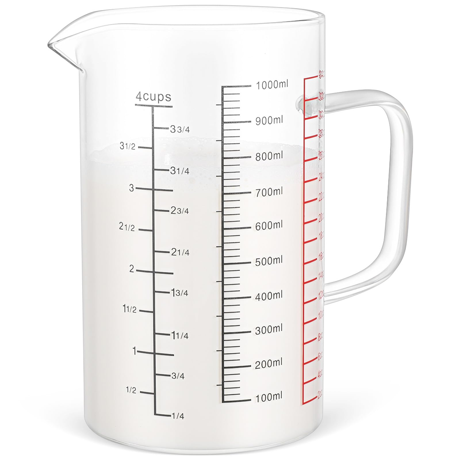 STOBAZA Taza Medidora de Vidrio de 1000 Ml con Asa, Vaso Graduado Multifuncional con Cuatro Escalas (ml, Onzas, Tazas), Resistente Vidrio de Borosilicato, Adecuado para Repostería y