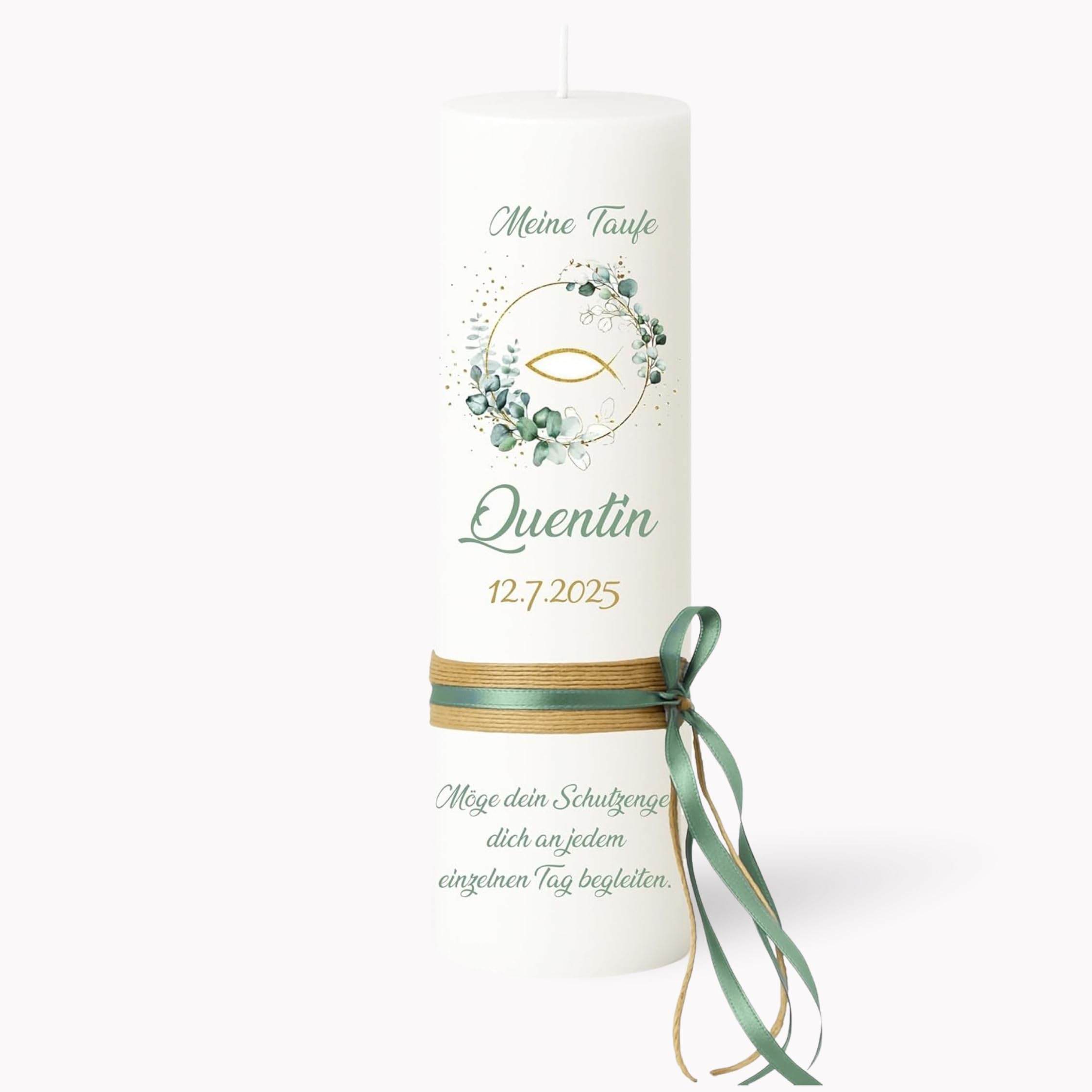 KERZENWACHSTANTE® Taufkerze Kommunionkerze Eukalyptus Fisch Elias 40x4cm – Wunschname Personalisierbar – Geschenk zur Taufe für Jungen & Mädchen – Handarbeit mit Schleife – gold-salbei