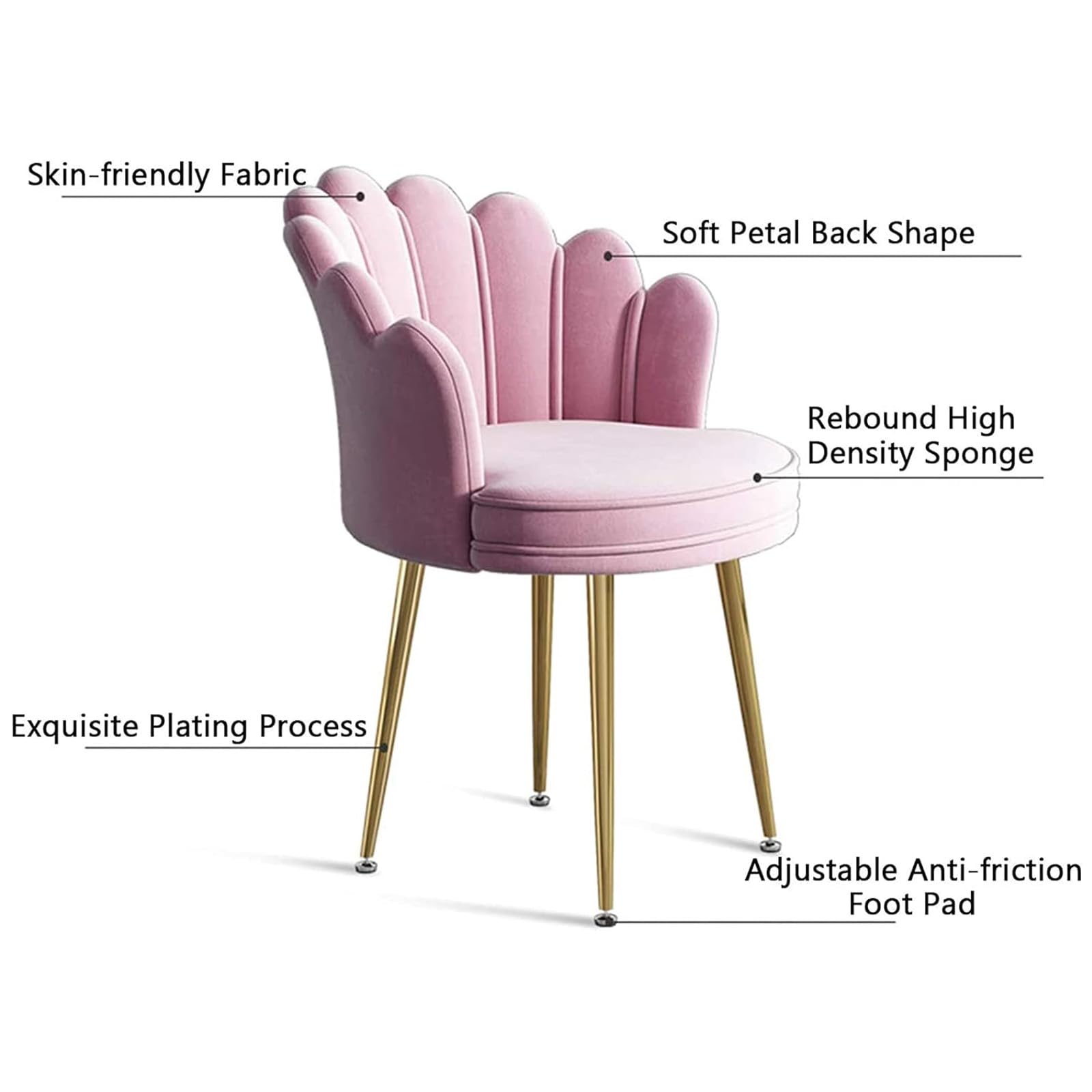 Silla de comedor de terciopelo con respaldo de pétalo, taburete moderno para el ocio, sillón de ocio con patas de metal, silla de oficina elegante, altura del asiento 47 cm, elegante asiento tapizado