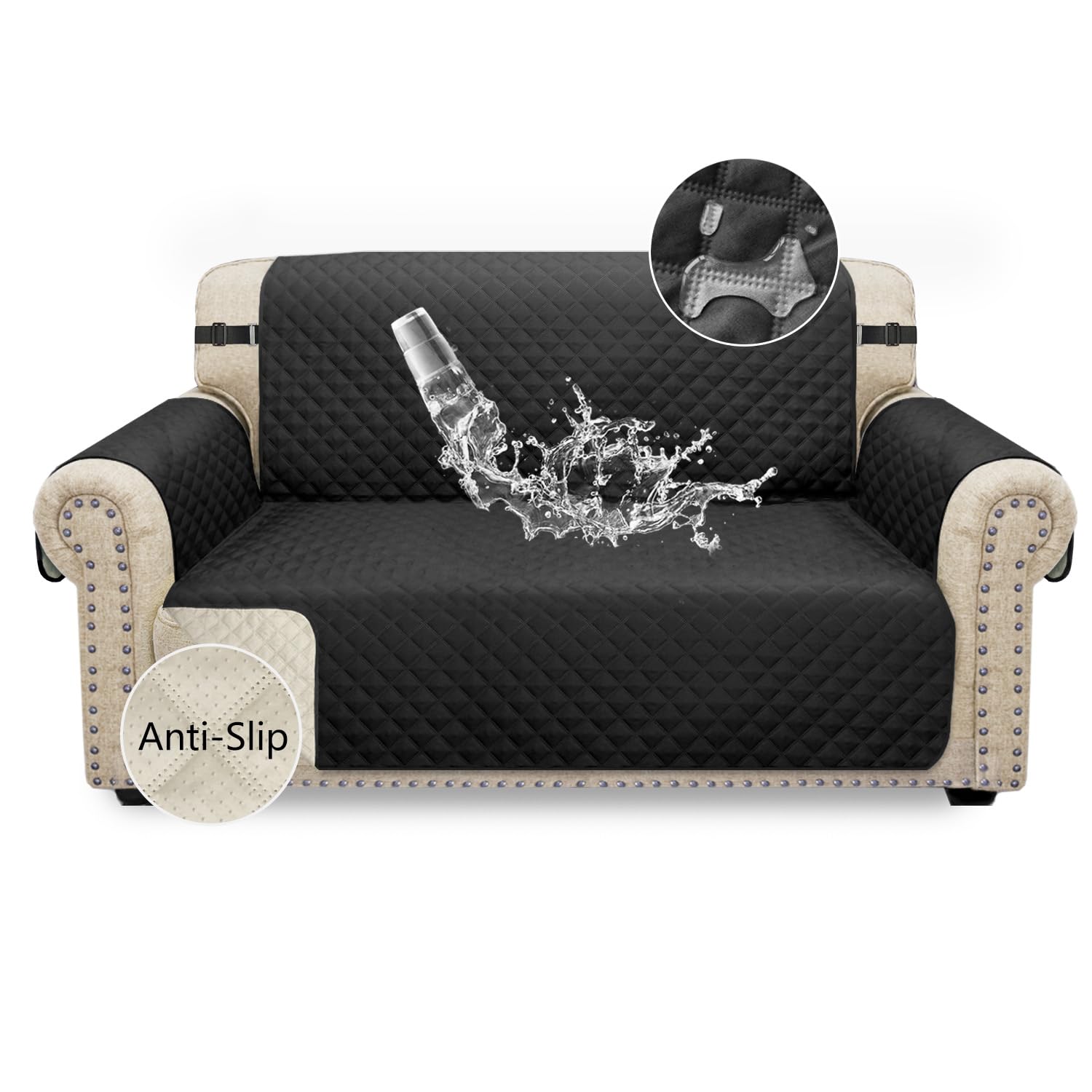 Granbest Waterproof Sofa Cover 2 Seater Non-Slip Loveseat Cover with Elastic Straps, Washable Sofa Protector for Kids Pets