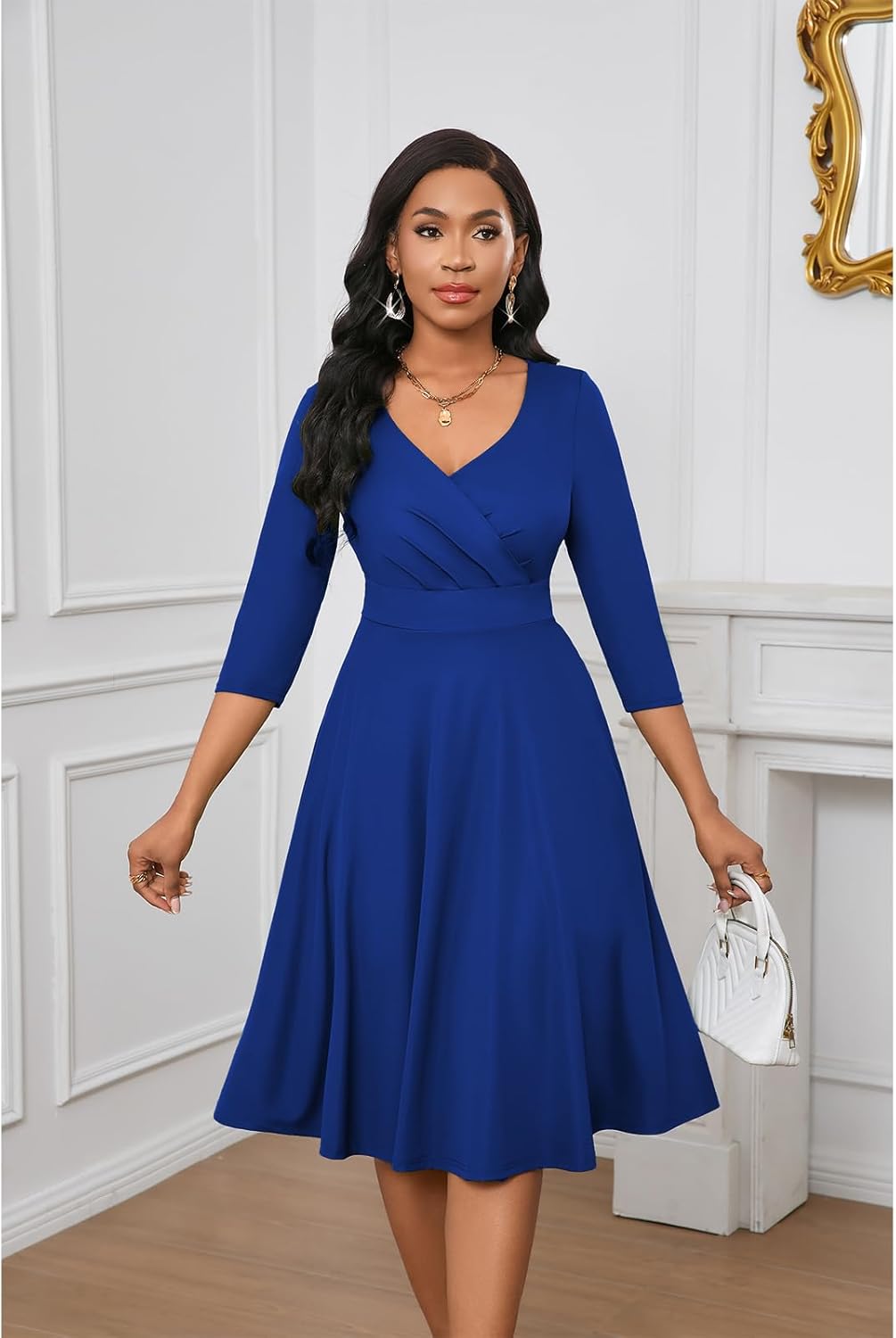 Womens Summer Dress 3/4 Sleeves V Neck 1950s Retro Vintage Wedding Cocktail Party Swing Flowy Wrap Midi Dresses - Image 4