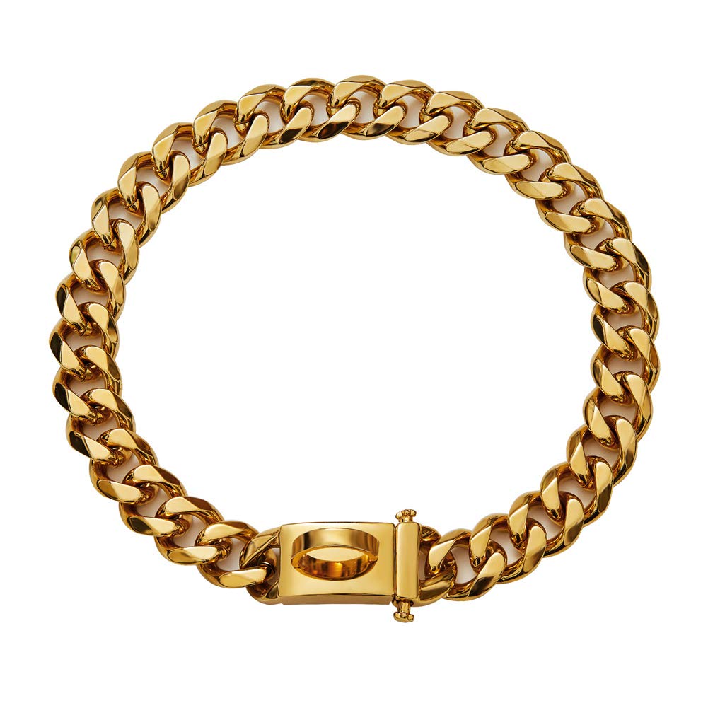Gold Cuban Chains Link Dog Collars, Chew Proof Strong Metal Stainless Steel Gold Plated Chain with Safety Buckle Training Collar Necklace for Small Medium Large Dogs