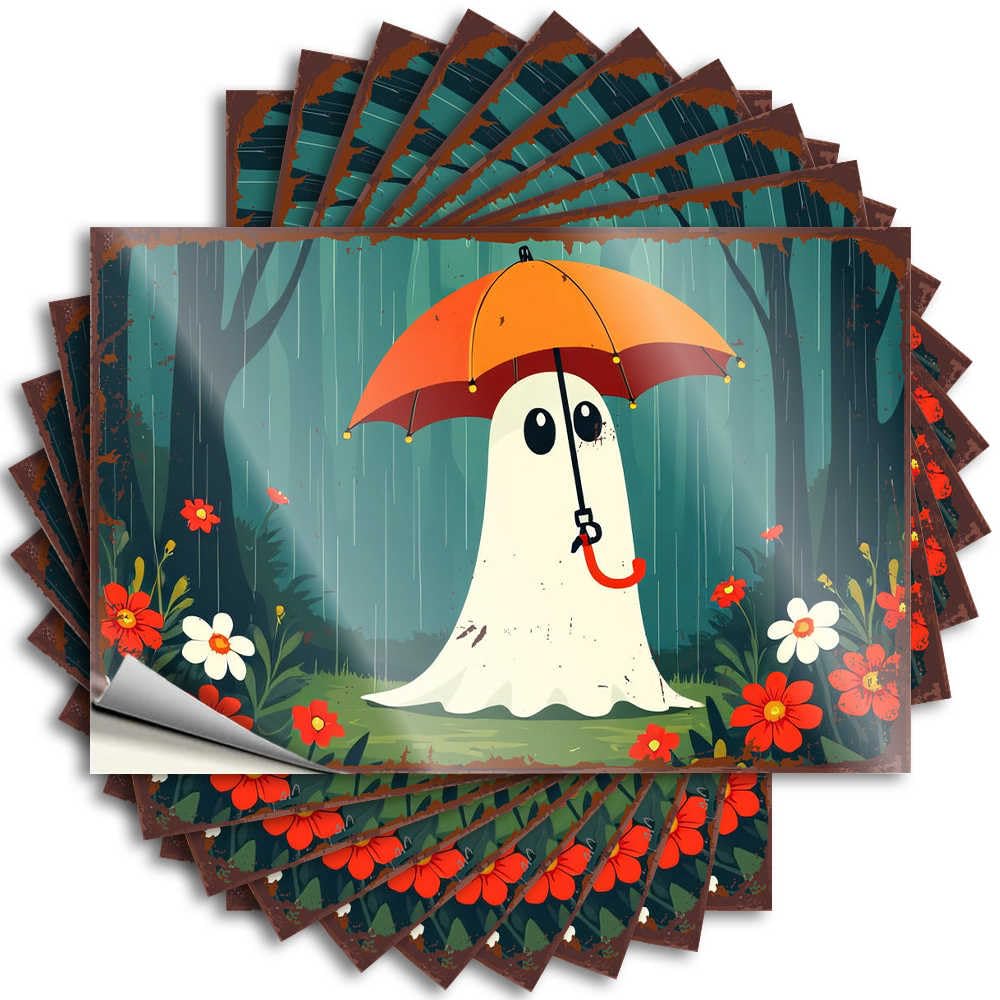 Retro Decor Bumper Stickers - Spooky Ghost in Rainy Forest with Umbrella Optical Illusion Durable Sticker Easy Apply for Gamer Decor(6X9CM)