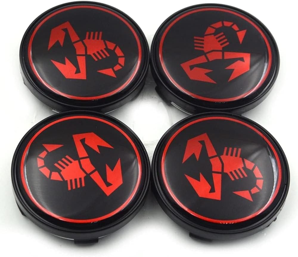 Set 4 Tappi Coprimozzo Copri Mozzo Diametro 60 mm con Scorpione Compatibili per ABARTH 500 595 695 SS GRANDE PUNTO Borchie Coppe Coppette per Cerchi in Lega Fiat Rosso Nero