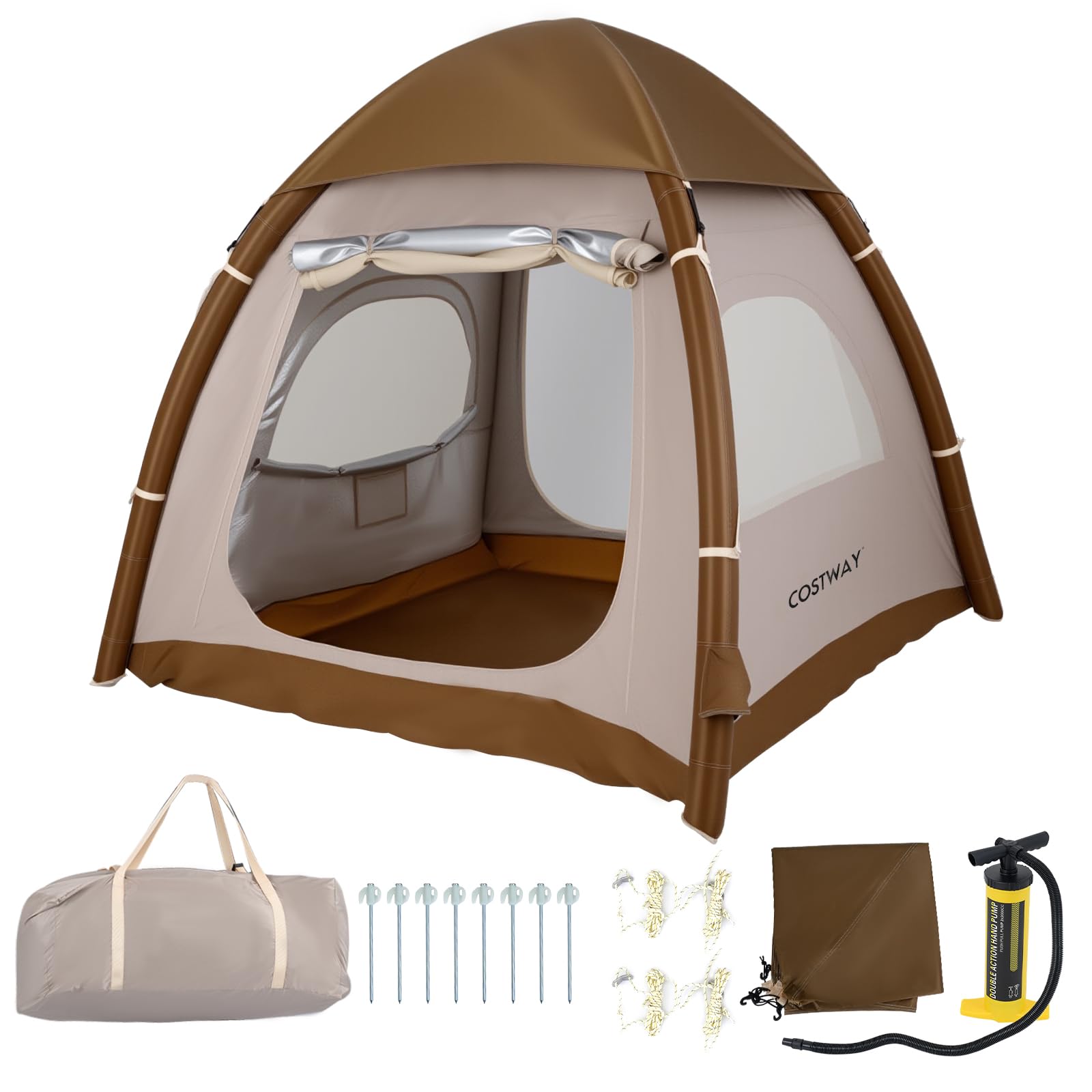 COSTWAY Tenda da Campeggio Gonfiabile per 4 Persone, Tenda da Spiaggia con Poma, 2 Porte, Lucernario e Finestre, in Tessuto Impermeabile, con Copertura Rimovibile e Borsa, 208 x 208 x 196 cm
