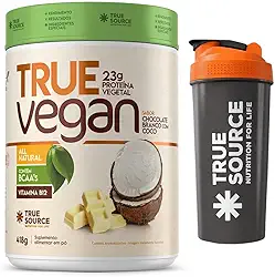Combo True Source - True Vegan - Whey Protein Vegano - 418g - Sabor Chocolate Branco com Coco + Coqueteleira Oficial