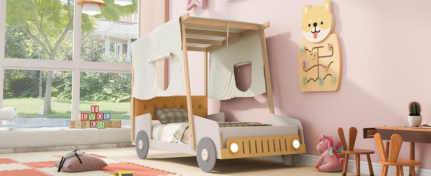 Wood Twin Size Car Bed with Pillow, Ceiling Cloth and LED, Natural