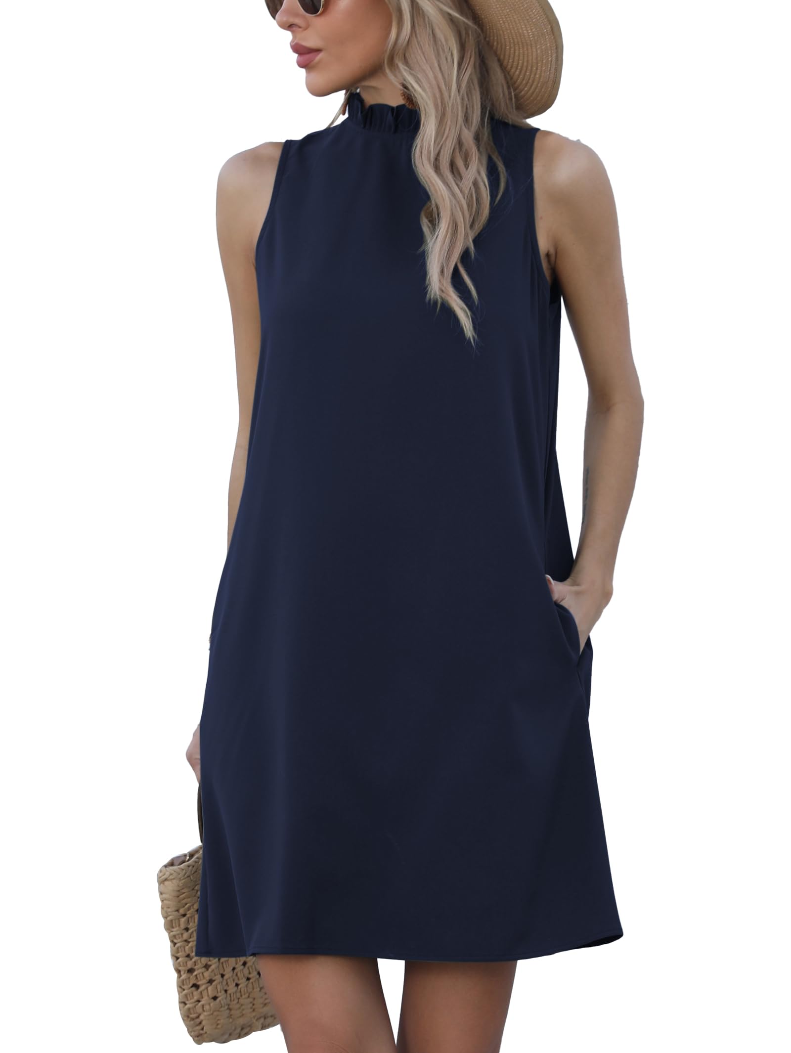 FamulilyWomen 2024 Casual Mini Dresses Ruffled High Neck Sleeveless A-Line Sun Dress with Pockets S-XXL