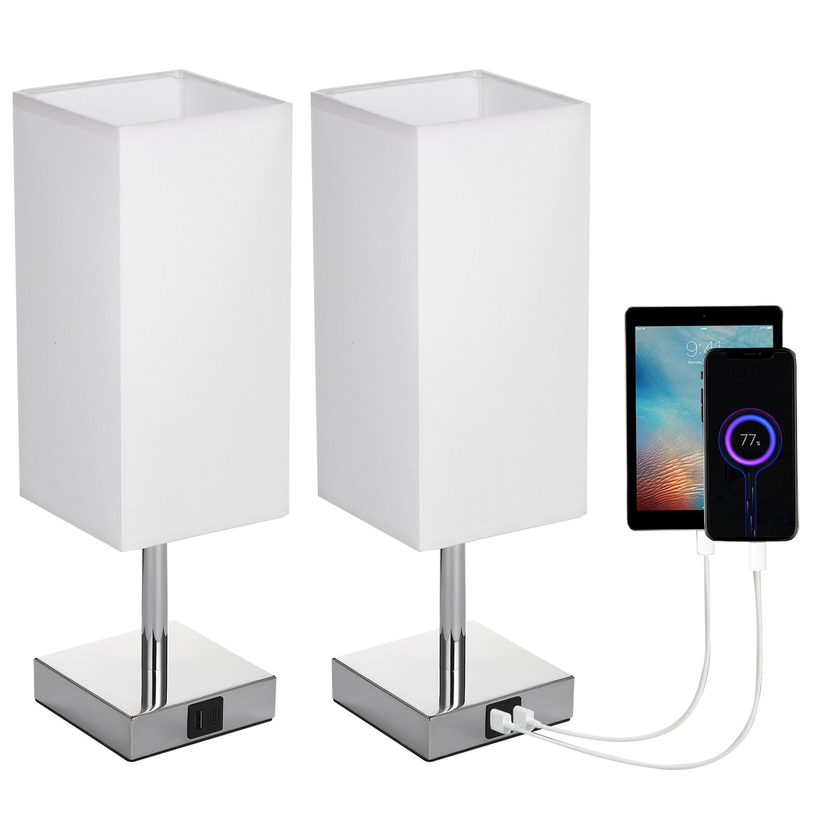 Jemora 2 Paquetes de lámpara de mesita de Noche de Tela con Bombilla LED Blanca cálida, luz de Escritorio, Control táctil, Puertos de Carga USB A Tipo C, 3 Niveles Regulables para Sala de Estar,