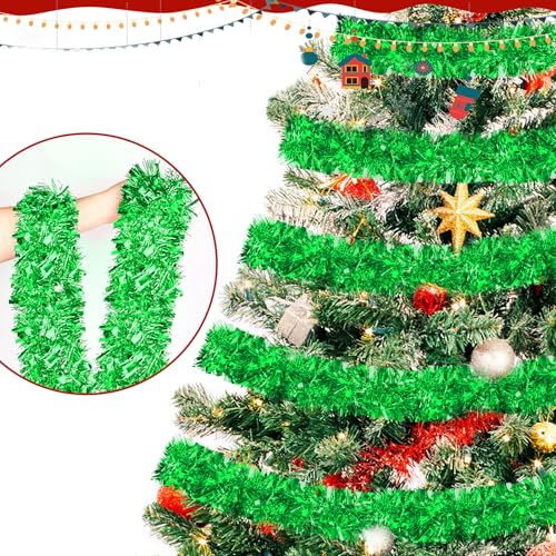 Image of 50FT Green Christmas Tinsel Garland - Metallic Tinsel Glitter Twist Garland Hanging Streamers for Indoor Decor, Xmas Tree Garlands Decorations