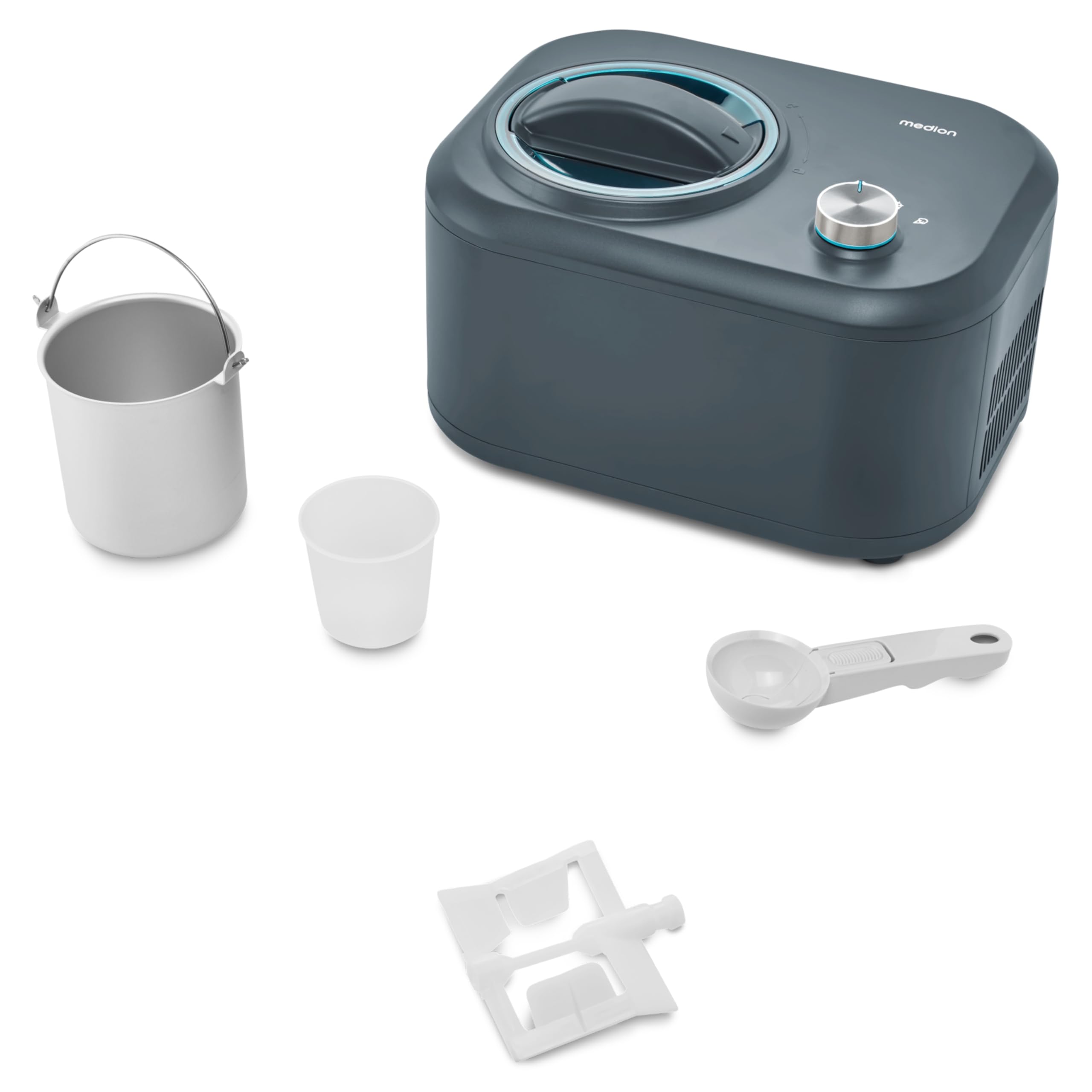 MEDION Eismaschine mit Kompressor 1 Liter 100 Watt Aluminium Eisbehälter MD 10169