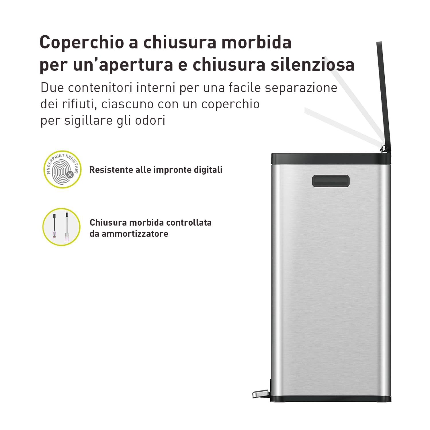 EKO Pattumiera Differenziata 2 Scomparti 30L + 30L con Doppio Pedale | Acciaio Inox Antimpronta | Coperchi Eleganti | Sottolavello Double