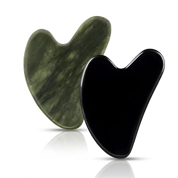 Gua Sha Facial Tools 2 Pack, Natural Jade Guasha Tool for Face,Double Chin & Jawline, Gua Sha Stone Self-Skin Care Face Stone Gua Sha tools for Women Guasha Stone, Black and Green