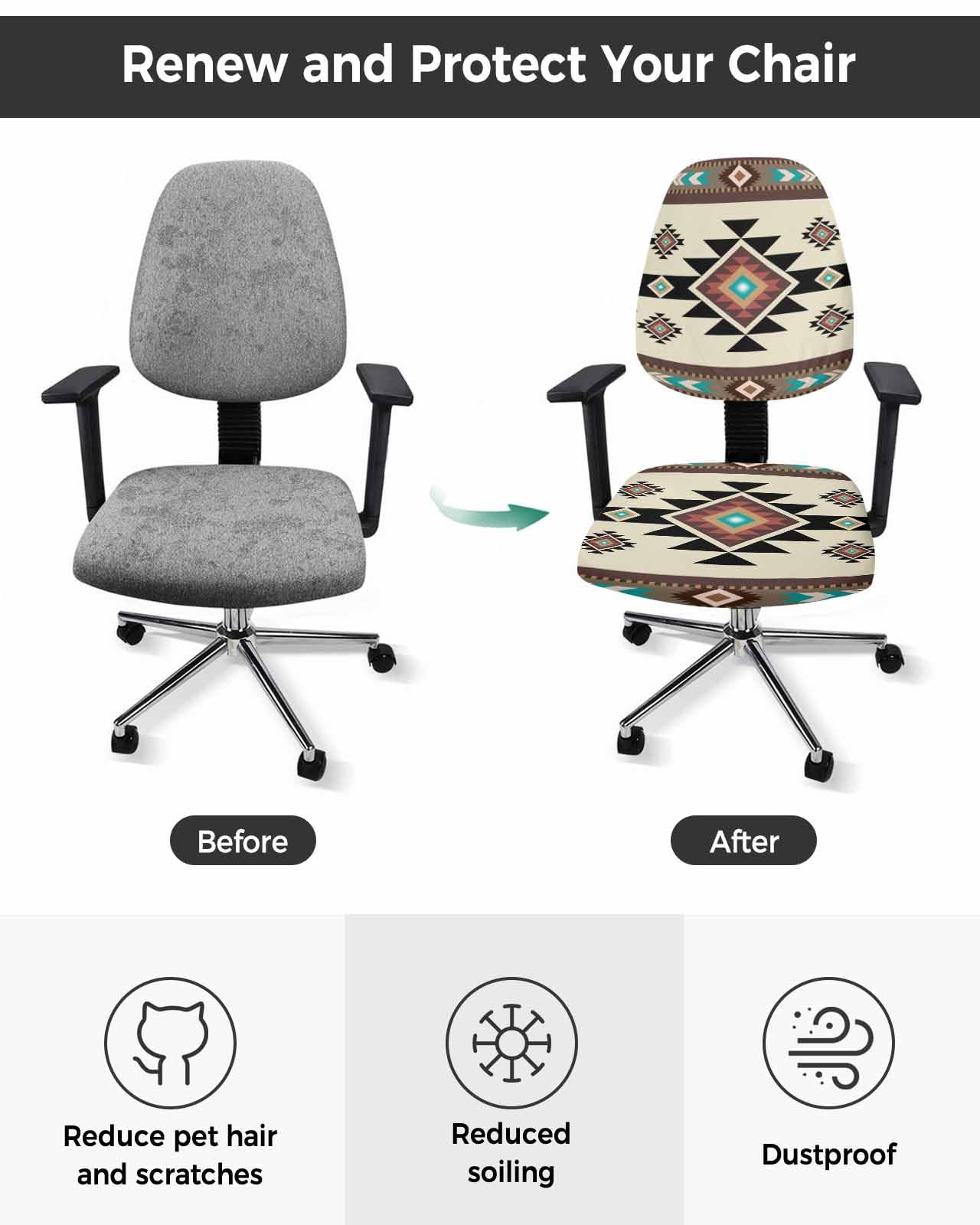 Brown Southwest 2 Pieces Computer Office Chair Covers Set,Stretchable Desk Rotating Chair Seat Cushion Slipcover Back Covers,Boho Farmhouse Abstract Geometric Slipcover Back Cover,Protectors Cover