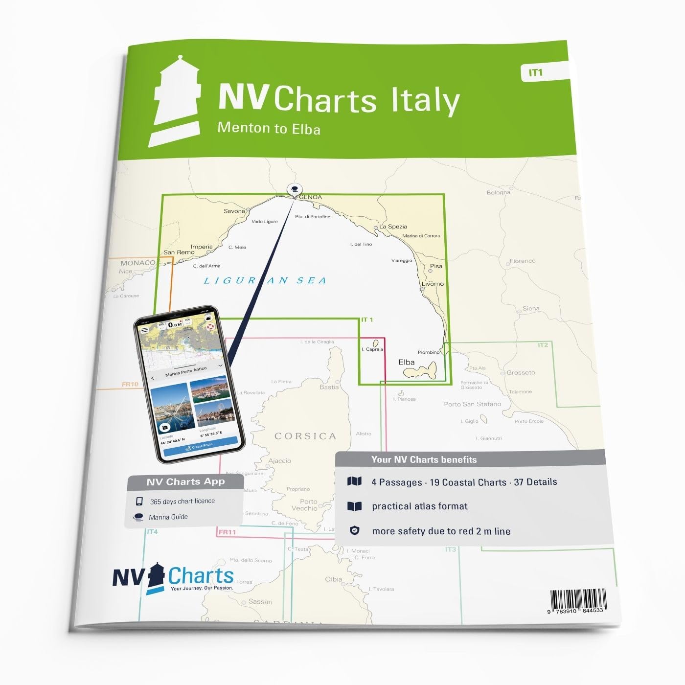 NV Atlas Italy IT 1 mit App Lizenz- Seekarte Italien - Menton to Elba mit Genua, Livorno und La Spezia