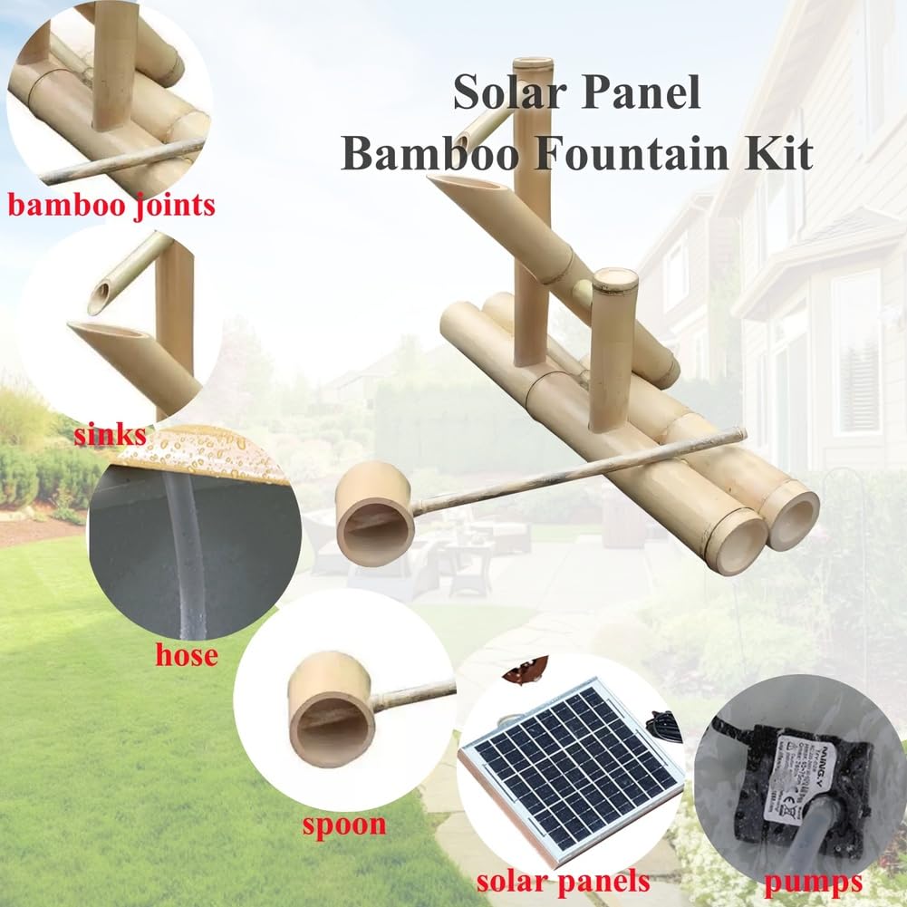 Kit Fai da Te con Pompa Solare per Acqua, Fontana in bambù con Pannello Solare, Pompa E Tubo da 2 M, Fontana in bambù Feng Shui per Giardino, per Patii, Balconi E Prati