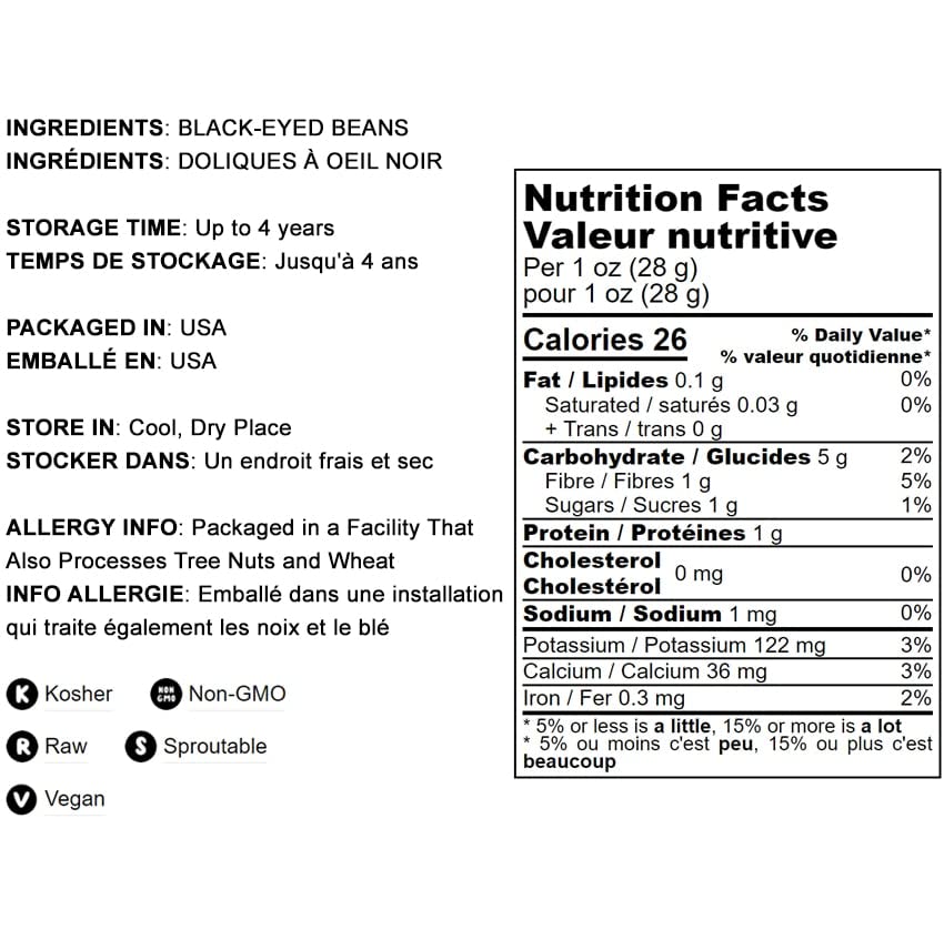Food to Live Black-Eyed Peas, 1 Pound - Raw Dried Whole Cow Peas, Kosher, Vegan, Sproutable. High in Dietary Fiber, Easy to Cook. Product of the USA