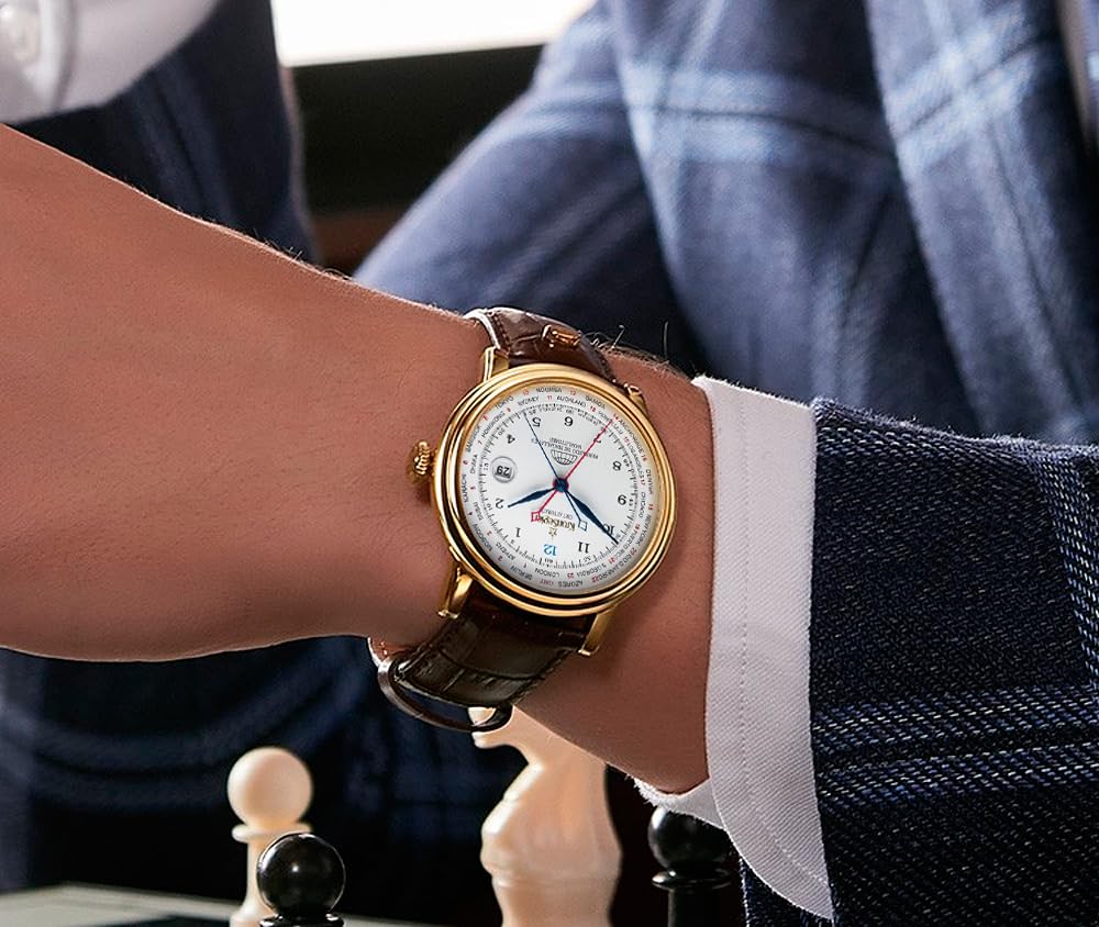 Kronsegler Fernando de Magallanes Orologio da uomo oro – bianco | Orologio automatico con Flyer GMT – secondo fuso orario | con vetro zaffiro, cinturino in pelle e fibbia deployante