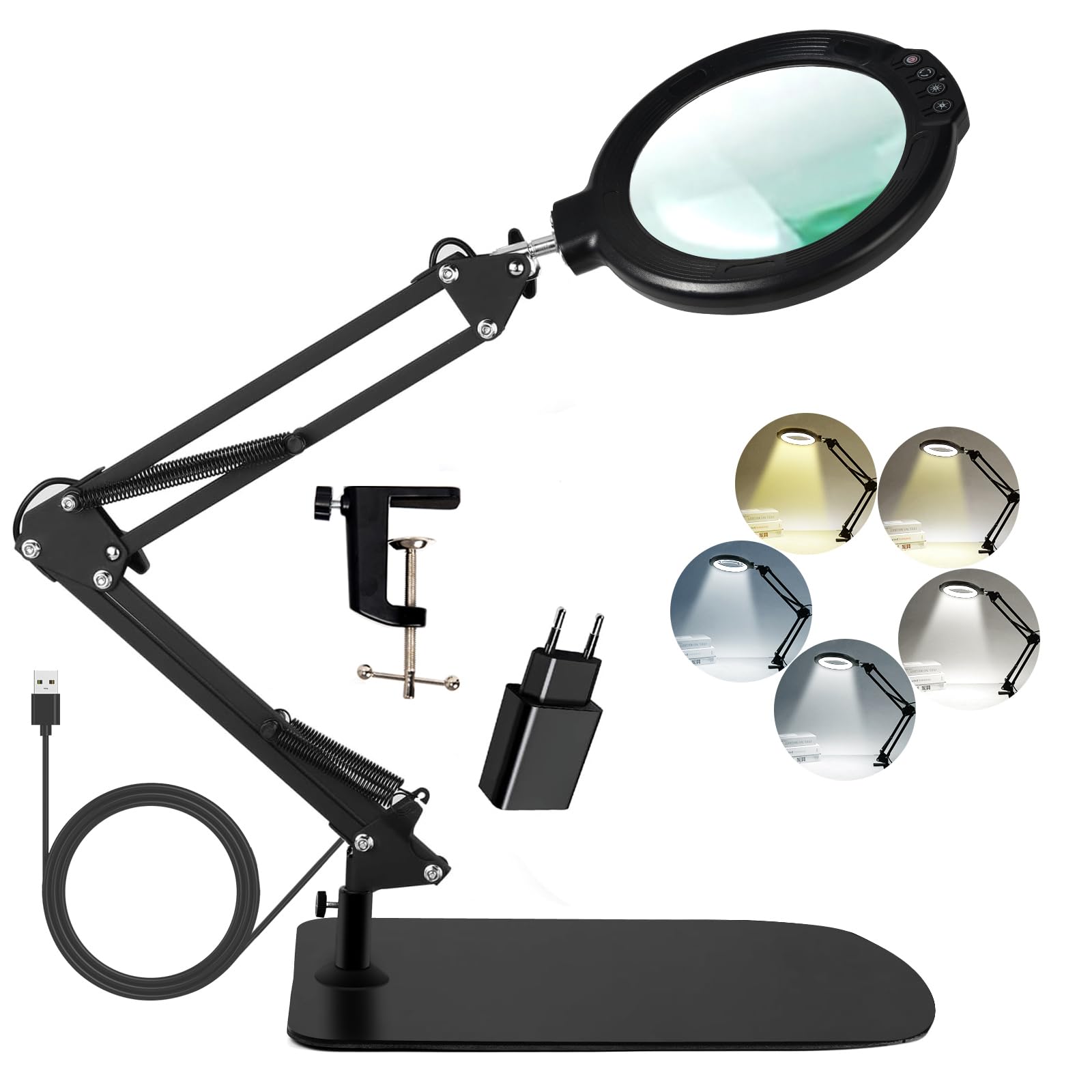 12 Fach Lupe mit Licht und Ständer, 5.2" Lupe mit 5 Farbmodi 10 dimmbare Helligkeit, 2-in-1-Schreibtischlampe mit Klemme, Hände frei Leselupe für Enge Arbeit, Reparatur Malerei (Aktualisierung)