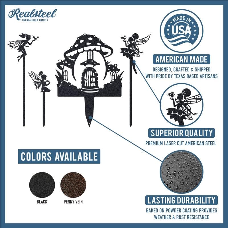 RealSteel Fairy Garden Starter Set – 4 Metal Fairy Garden Stakes with Fairies & Mushroom House | Outdoor Yard Art & Lawn Décor | Whimsical Garden Ornaments for Flower Beds & Planters | Black