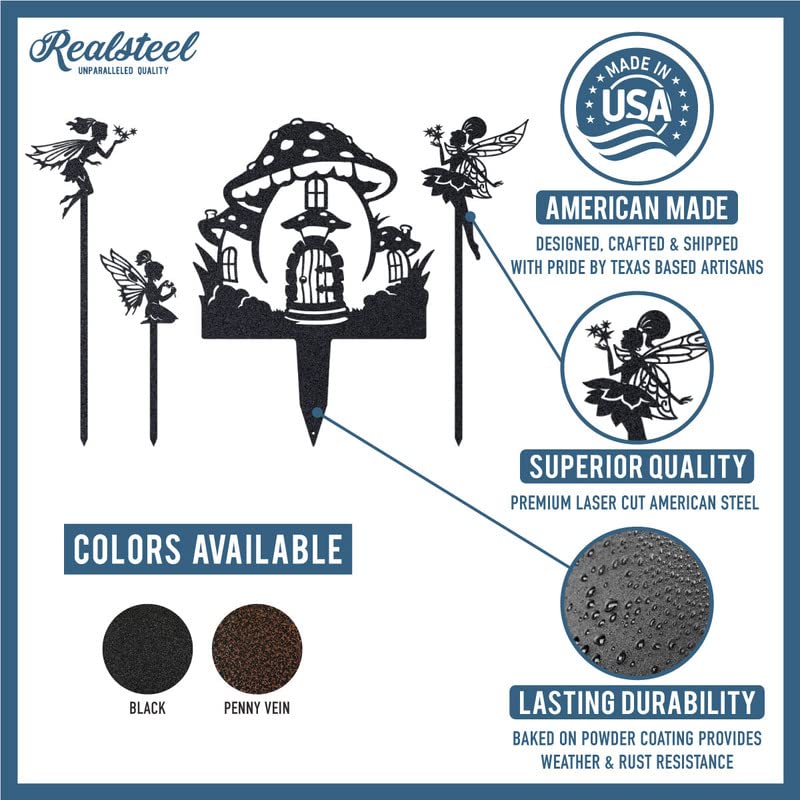 RealSteel Fairy Garden Starter Set - 4 Metal Fairy Garden Stakes with Fairies & Mushroom House - Outdoor Yard Art Decor (Black)