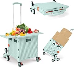 Foldable Utility Cart with Stair Climbing Wheels,Collapsible Rolling Crate with Magnetic Lid Telescopic Cover,Telescoping Handle,360° Rotate Wheel Hand Cart for Teacher Shopping Moving Grocery(Green)