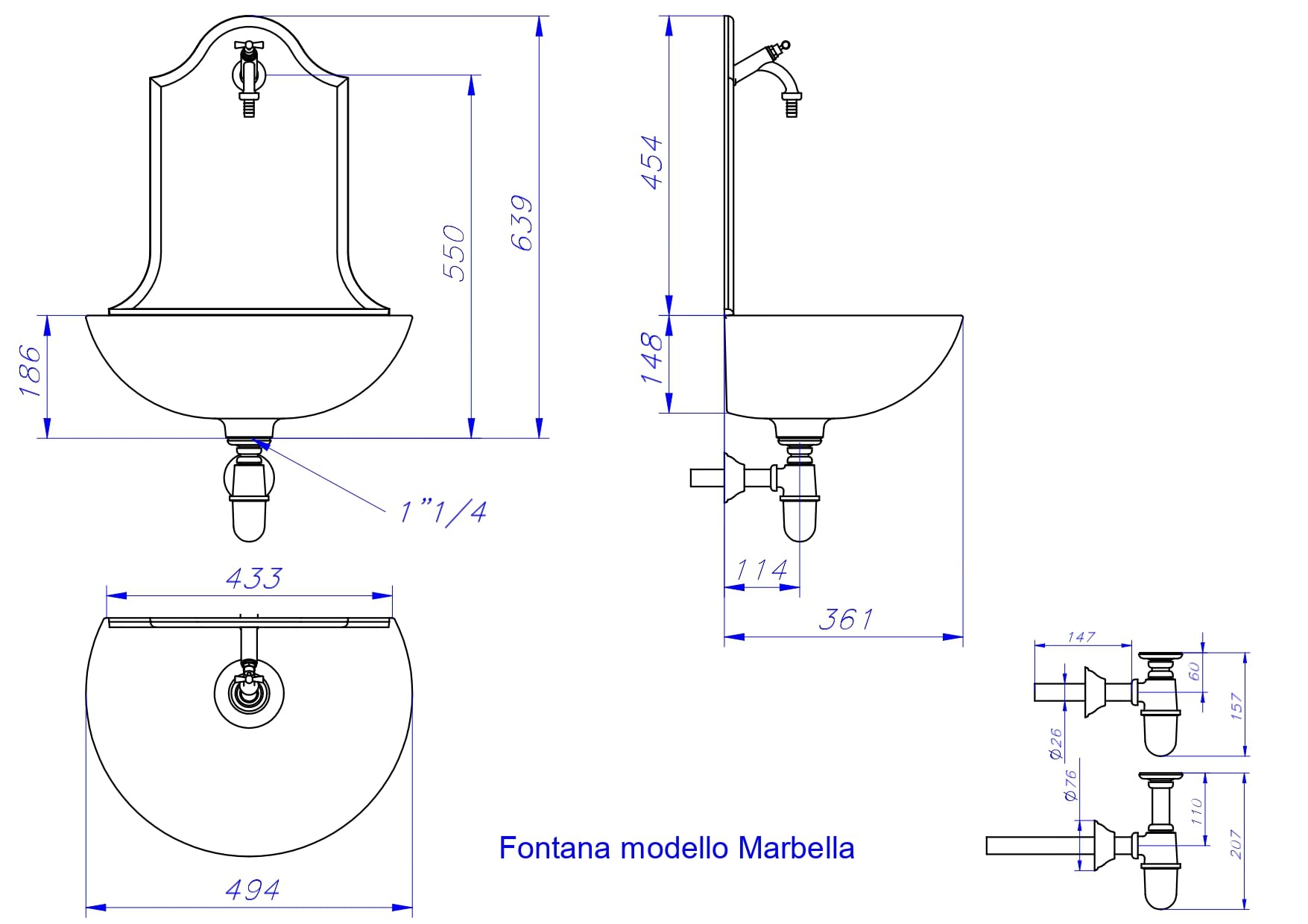 FONDERIA BONGIOVANNI | Fontanella da Giardino | Fontana a Muro | Modello Marbella | con Rubinetto e sifone Ottone | per casa Giardino | fontanella da Esterno| Fontana da Giardino Esterno | Brunito