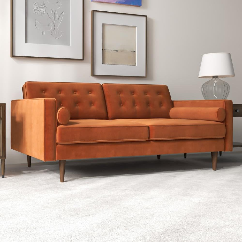 Harry Mid Century Upholstered Tufted Back Velvet Loveseat – Modern 2 Seater Sofa Couch with Elegant Design for Living Room, Bedroom & Apartment (Orange, 2 Seater)-image-44